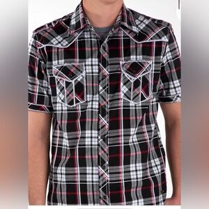 Buckle black plaid western snap front short XL